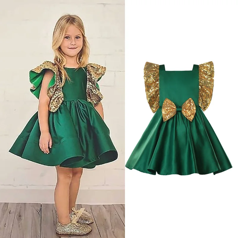 Для маленьких девочек Вечерние платье бант с пайетками одежда для детей оборками