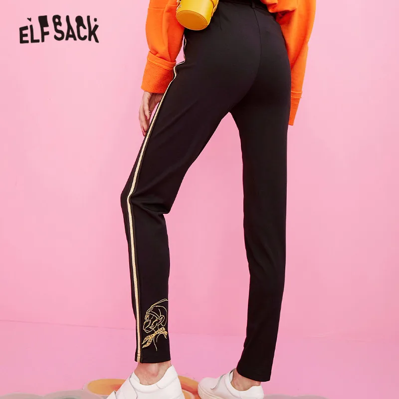 ELFSACK женские брюки с мультяшным принтом, Осенние повседневные черные женские брюки, модные прямые женские брюки с эластичной резинкой на талии