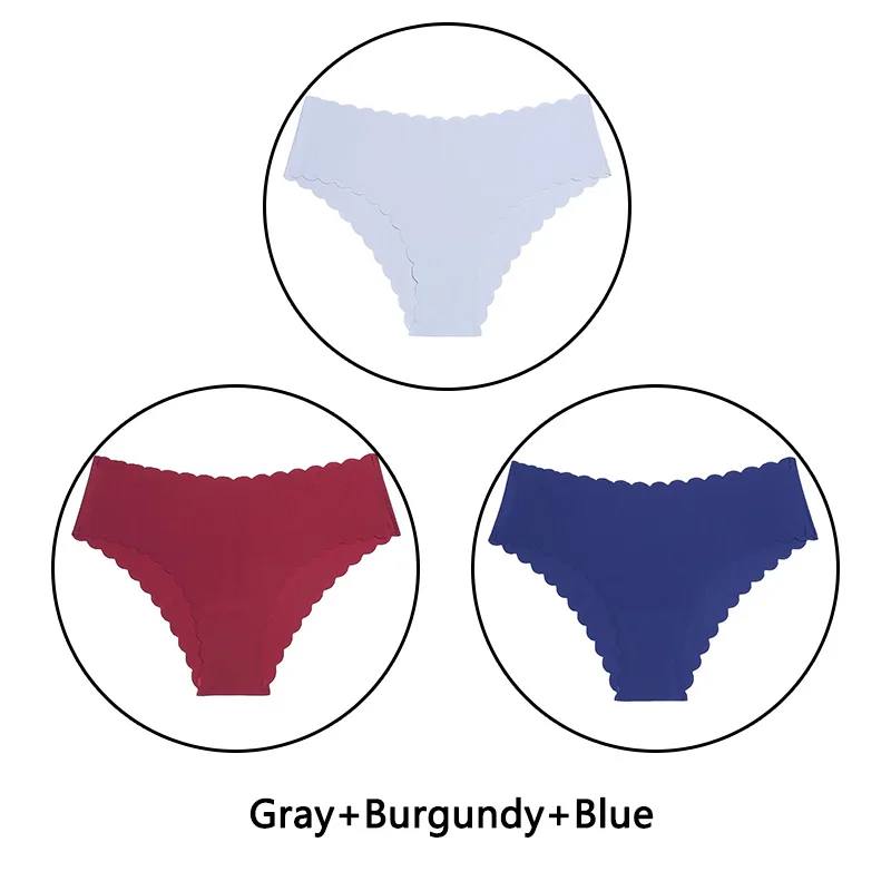 Gray Burgundy Blue 3 шт./партия, сексуальные трусики с оборками женский сексуальный бесшовный трусики с низкой посадкой, однотонное мягкое нижнее белье, женские Ультра тонкие трусики, нижнее белье - Цвет: Gray Burgundy Blue