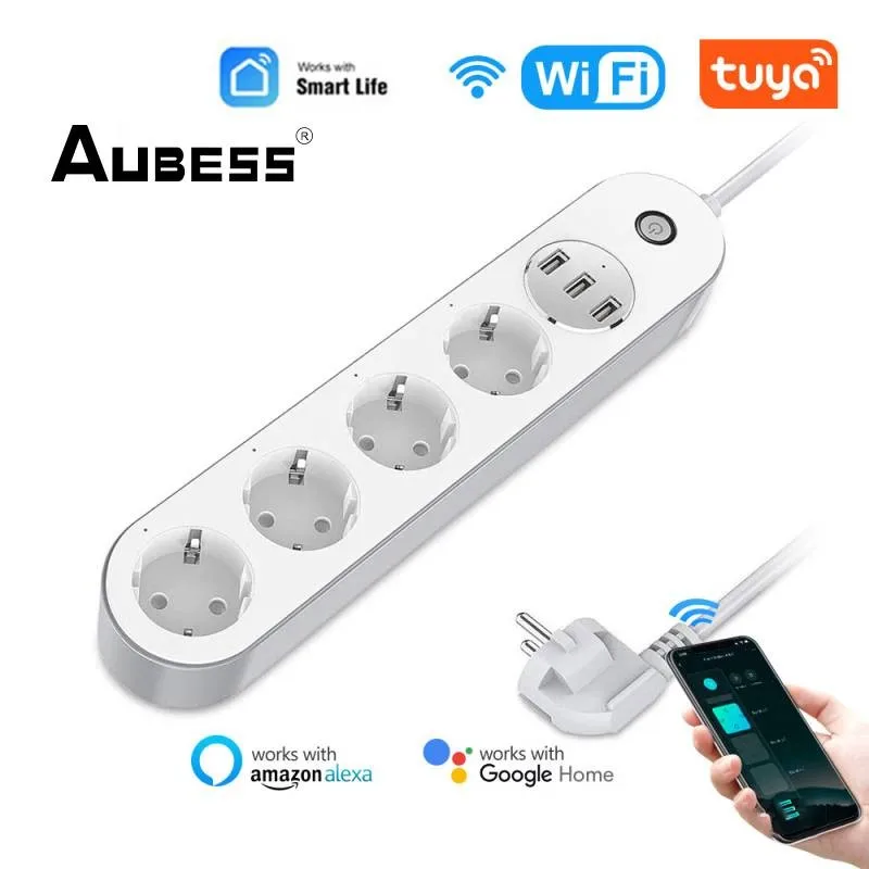 

Умный сетевой фильтр AUBESS, 4 евророзетки, Wi-Fi, зарядка через 3 USB-порта, таймер, голосовое управление через приложение, работает с Alexa Google Home