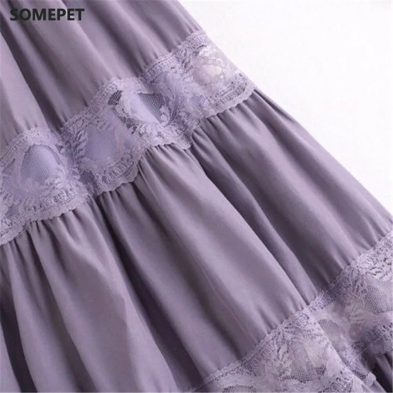 

Sweet kawaii Chiffon Lace Stitching A-line pleated skirt Women's High Waist Midi Skirts Black Purple Elegant Party Long Skirt