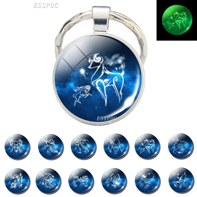 

12 Constellation Luminous Key Chains Glass Cabochon Pendant Zodiac Sign Key Rings Holder Birthday Gift Glow In The Dark