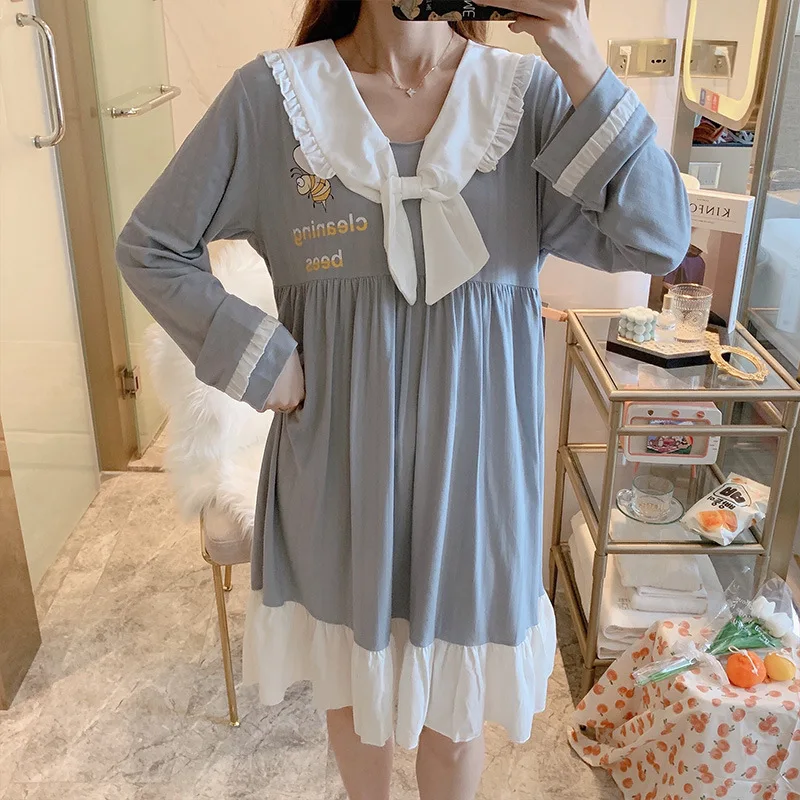 2021 Spring New Nightdress Combed Cotton Korean Pure Color Sweet Lovely Pullover Long Sleeve Housewear Sleepwear Women
