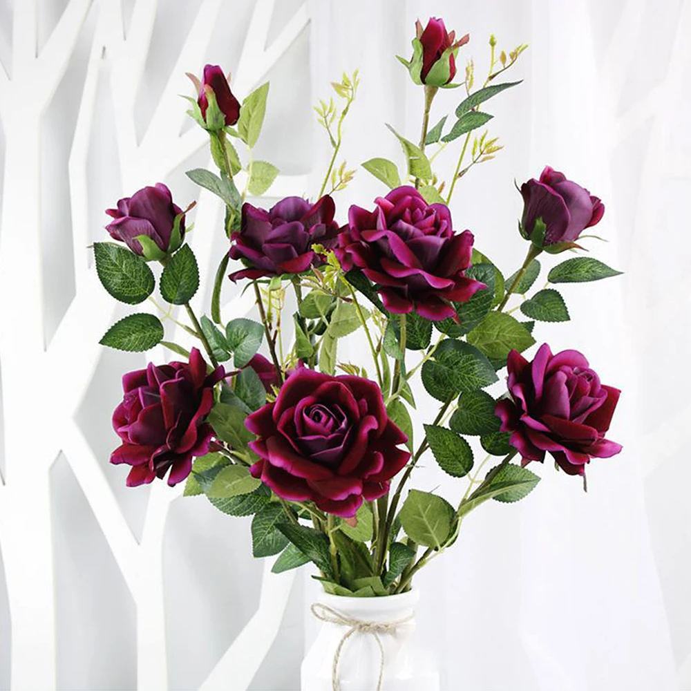 

Искусственные цветы, 115 см, 5 шт., длинный стебель, 5 головок, бархатные розы, Шелковый Искусственный цветок веток, украшение для сада