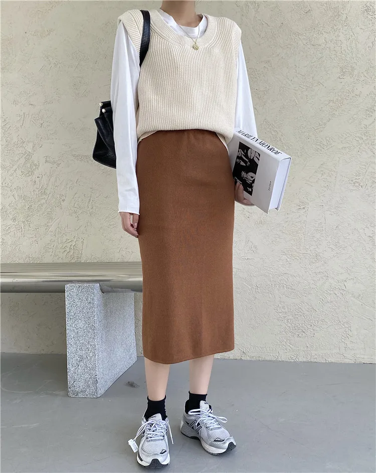 Женская шерстяная юбка-свитер элегантная винтажная юбка средней длины с высокой