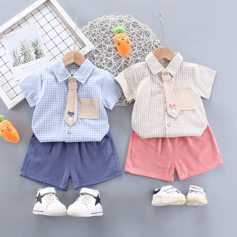 

Summer 0-4 Year Old Baby Children's Shirt Short-sleeved Suit 2021 New Lapel Shirt Short-sleeved Shorts Two-pieces Sets