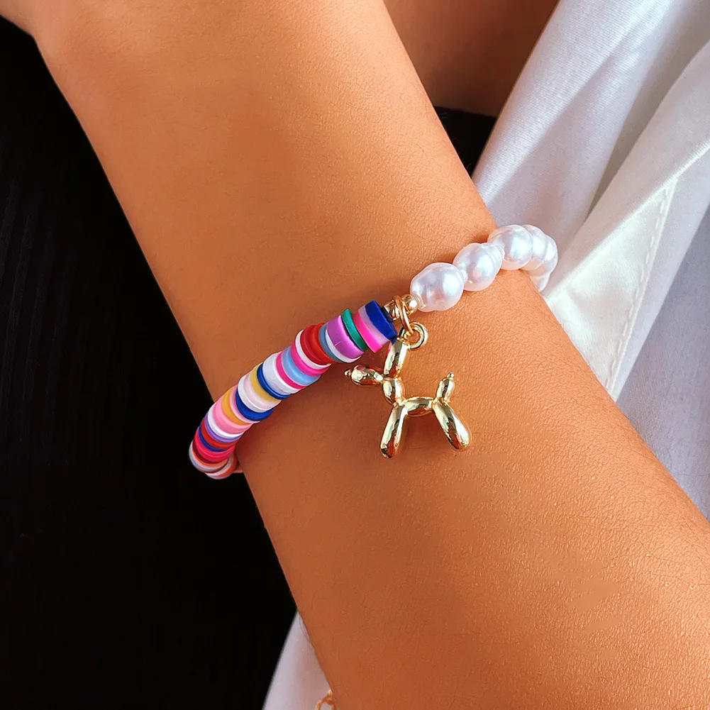 Асимметричные жемчужные браслеты с розовыми шариками и собаками для женщин