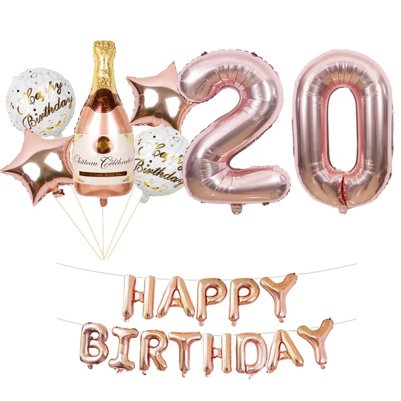 20pcs Sweet 20 21 22 23 24 25 26 27 28 29 Years Birthday Balloons Banner Girl Rose Gold Champagne Bottle Balls Party Decorations images - 6