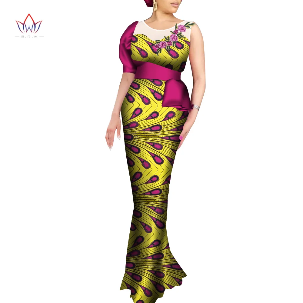 African Print Long Mermaid Dress for Women Rich Patchwork Belt Slash Neck Dresses African Women Clothing Party Dress WY7468