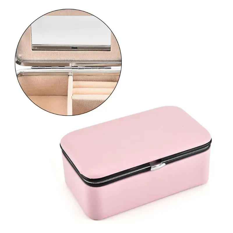 

Jewelry Box Portable with Makeup Mirror Earrings Grids Storage Travel Case 57BD