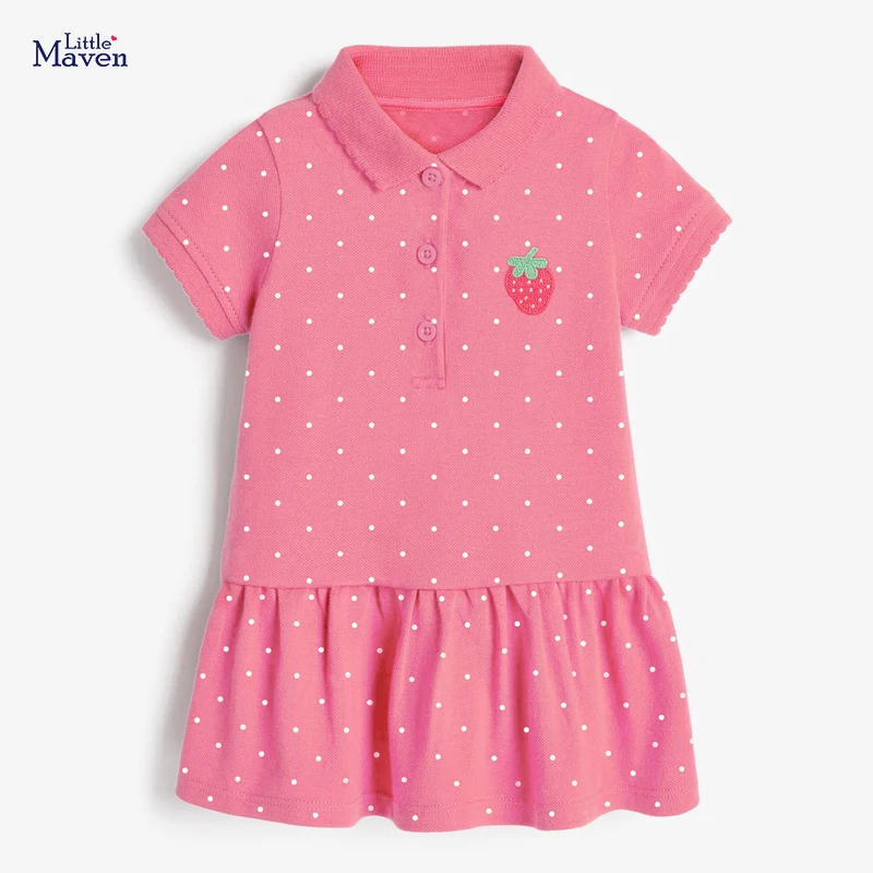 

Little maven Dress for New Year 2022 Summer Clothes Strawberry Pink Cotton Lovely Causal Polo Dress for Baby Girls Kids 2-7 year