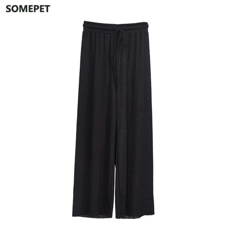 

Women Summer Thin Knit Trousers Black Wide Leg Loose Pants Ankle Length Pants Casual trouser Elastic Waist Plus Size Pants S-4XL
