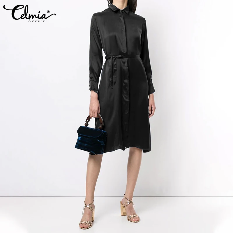 

Женское элегантное атласное платье-рубашка, офисное платье-трапеция до колена с отложным воротником, повседневное вечерние платье Celmia на п...