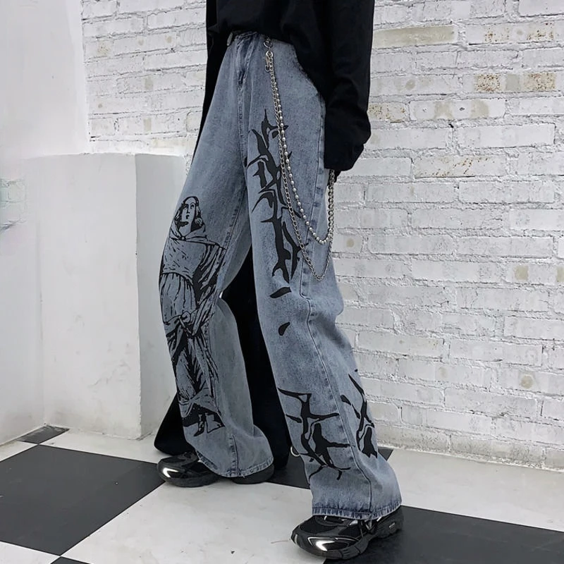

New Summer Fashion Street Hip-hop Printing Wash Jeans Loose Casual Denim Wide Leg Pants Tide Women Jeans