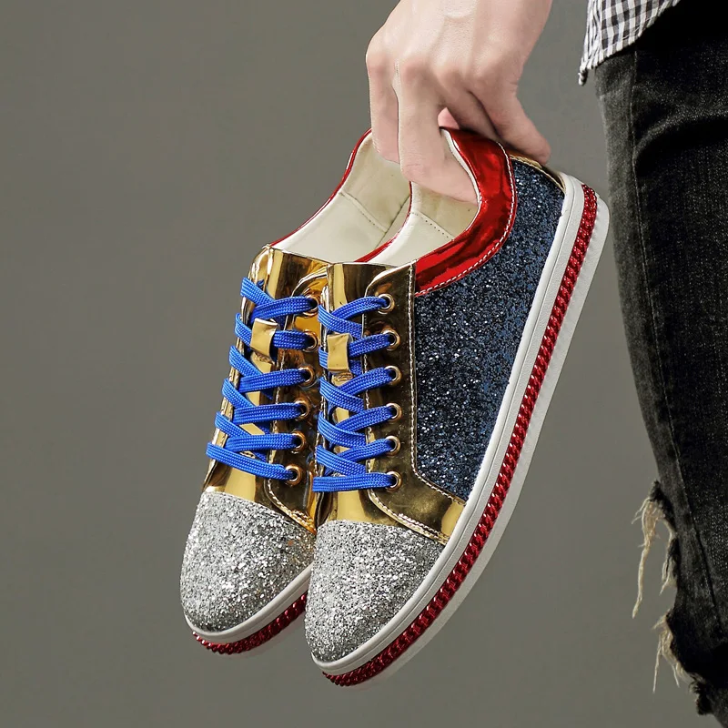 X Brand Fashion Shiny Mirror Shoes Men Casual Sneakers Classic Golden Silver Low cut Luxury Glitter chaussure homme |