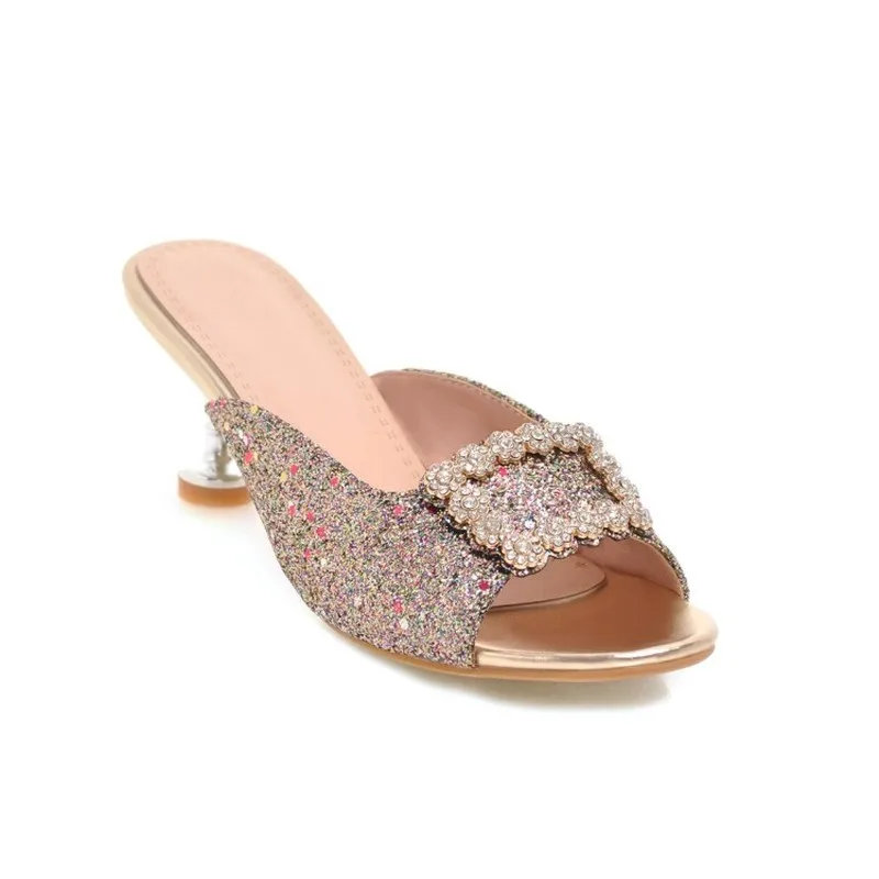 Женские туфли лодочки без задника на высоком каблуке с блестящими кристаллами