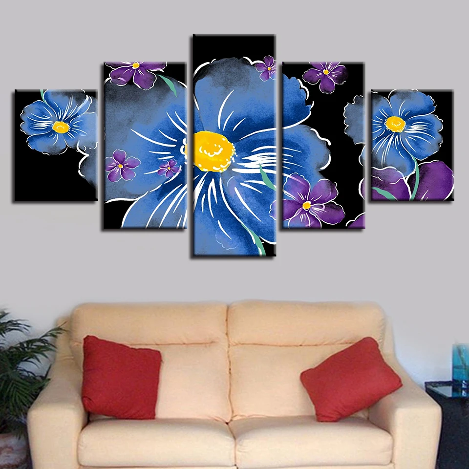 Картины на холсте модульные настенные художественные 5 шт. синие и фиолетовые