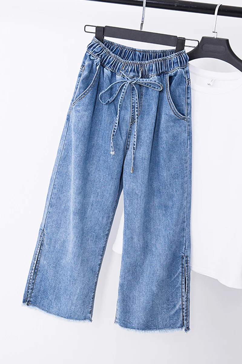 

Women Jeans High Waist Drawstring Loose Softener Mom Plus Size Female Calf-length Denim Wide Leg Pants