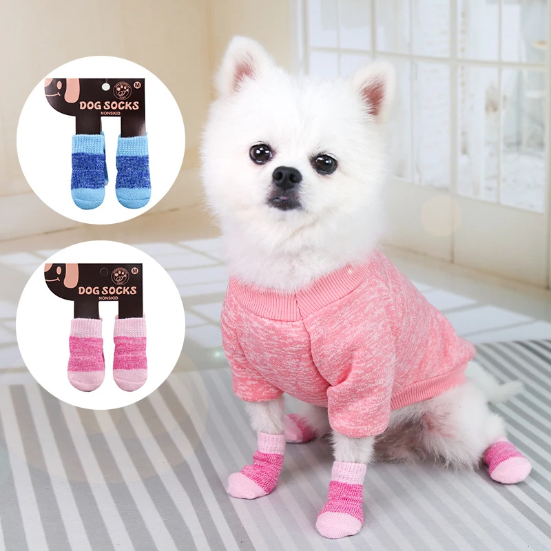 

4Pcs/set super cute Yorkshire Terrier dog socks for small dogs Christmas print winter boots for dogs warm Anti-Slip puppy socks