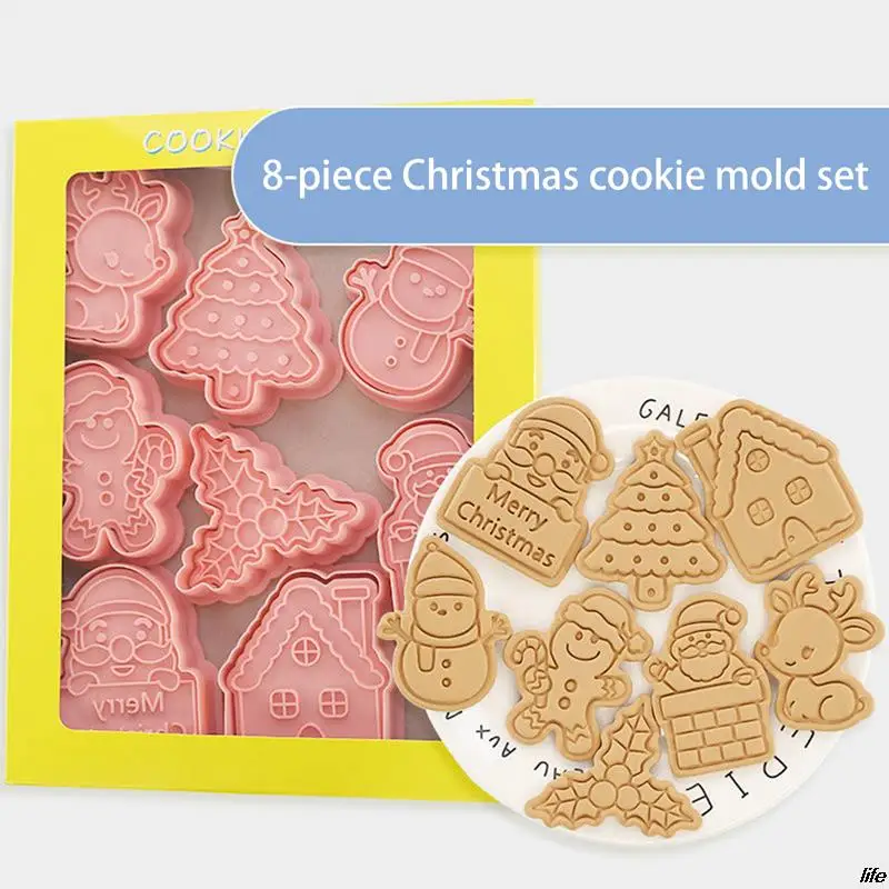 

8Pcs/Set Pink Diy Cartoon 3D Christmas Cookie Fondant Cutter Diy Biscuit Molds Baking Mould Decorating Tools