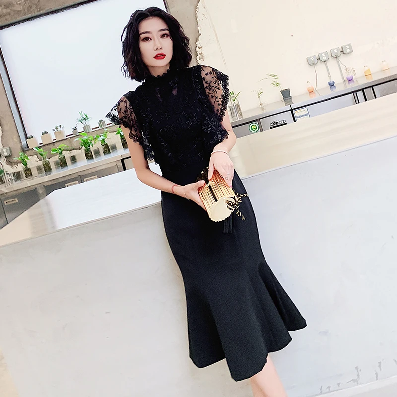 

Evening Dresses High Neck Lace Short Sleeves Black Mermaid Tea-length Simple Embroidery Plus size Women Formal Party Dress C212