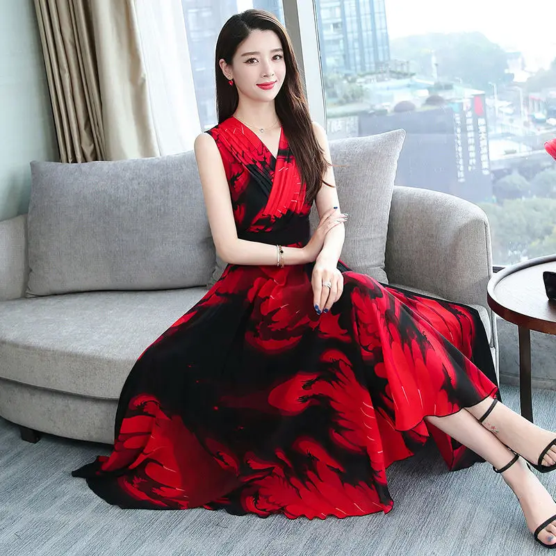 

Spring Dress Women 2020 Summer Printed Dress Long Large Beach Dresses Casual Fashion Long Sleeve /Sleeveless Party Vestidos R496