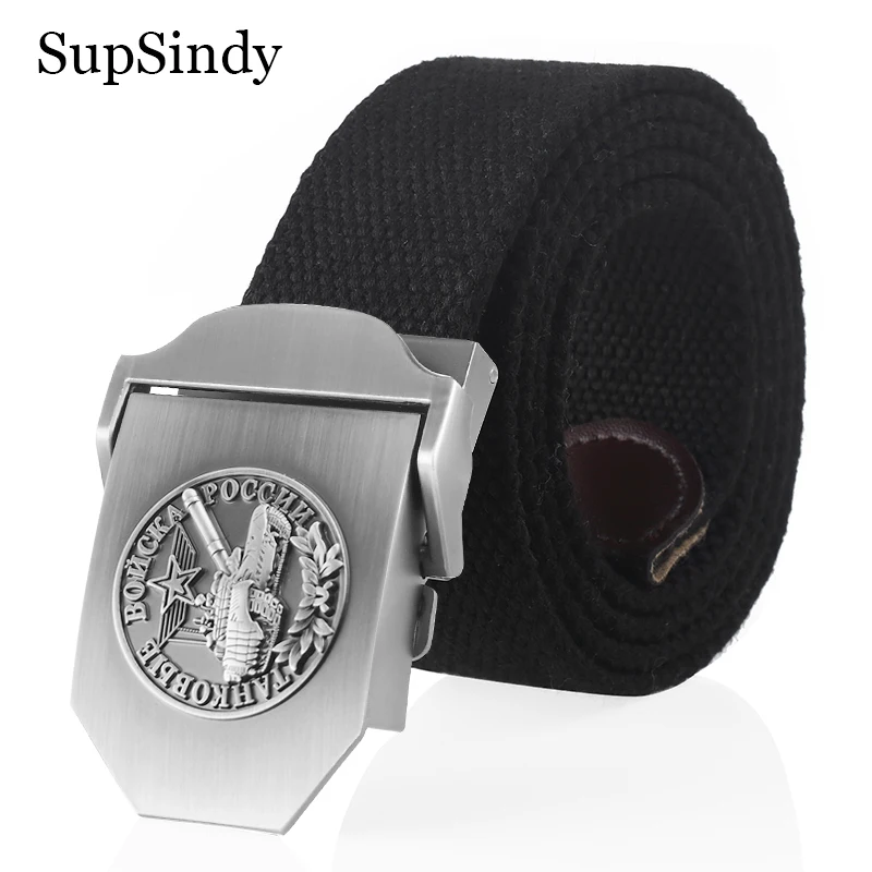 SupSindy Men Canvas Belts 3D Russian Tank Troops Luxury Metal Buckle Jeans Waistband CCCP Army Military Tactical Belt Male Strap