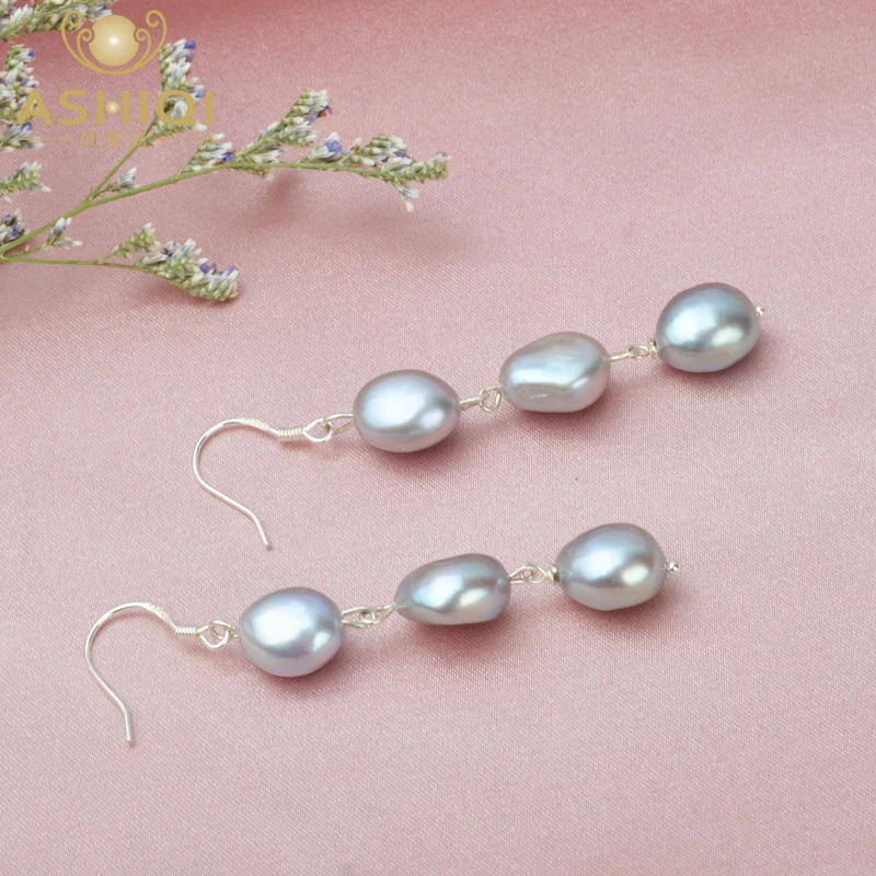 Женские серьги подвески из серебра 925 пробы с натуральным пресноводным