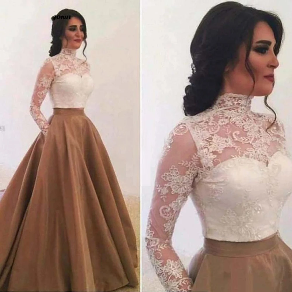 

In Fashion High Neck Lace Top Long Sleeves Prom Dress 2020 Illusion Neck Satin Arabic Dubai Evening Dresses 2020 Large Size