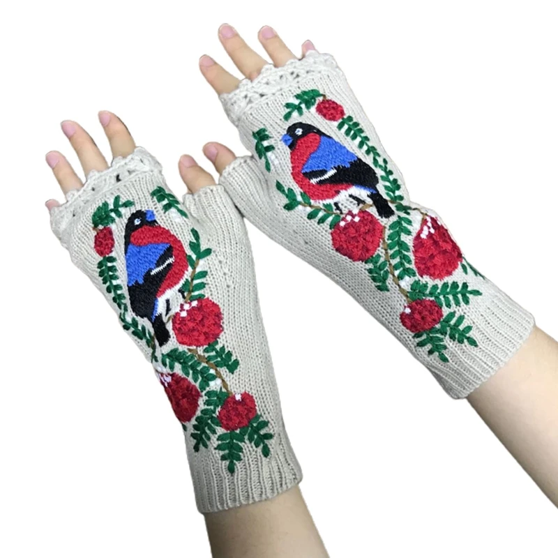 

Women Knitted Lengthen Fingerless Gloves Animal Embroidery Mittens Arm Warmers