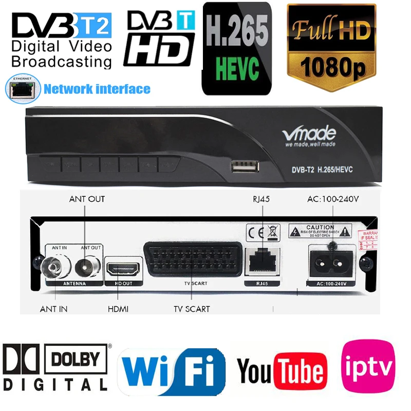Новый H265 DVB-T2 цифрового вещания ТВ коробка Dvb T2 наземного ТВ-приемник с HDMI Scart Dolby Ac3