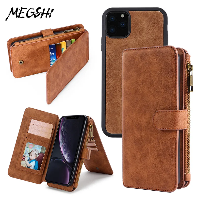 Роскошный многофункциональный кожаный чехол-кошелек для iPhone 6, 7, 8, металлическая молния, XS, XR, съемный чехол для iPhone x