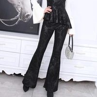 spring autumn black flocking real genuine leather pant high waisted women culottes casual bodycon sexy party flare pants clothes