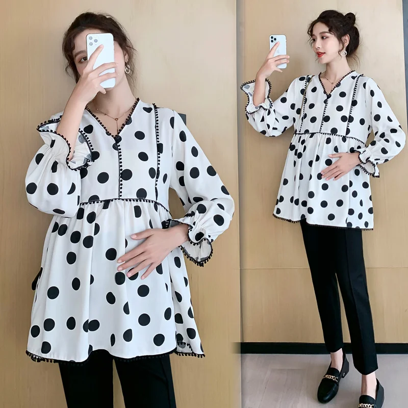 

1808# Autumn Korean Fashion Dot Printed Chiffon Maternity Blouses Elegant Shirts Clothes for Pregnant Women Pregnancy Tops