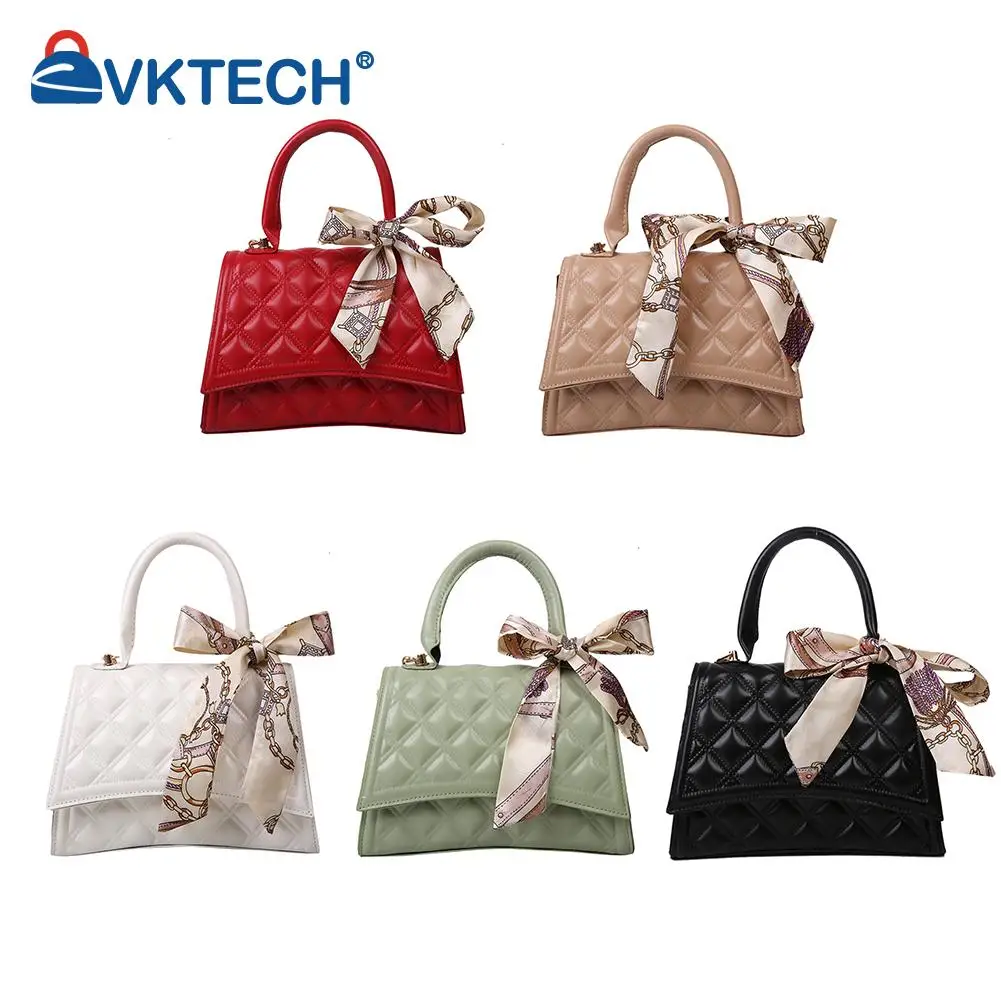 

Ladies Silk Scarf PU Leather Checker Pattern Top-handle Solid Color Small Handbags Vintage Women Crossbody Shoulder Bag Casual