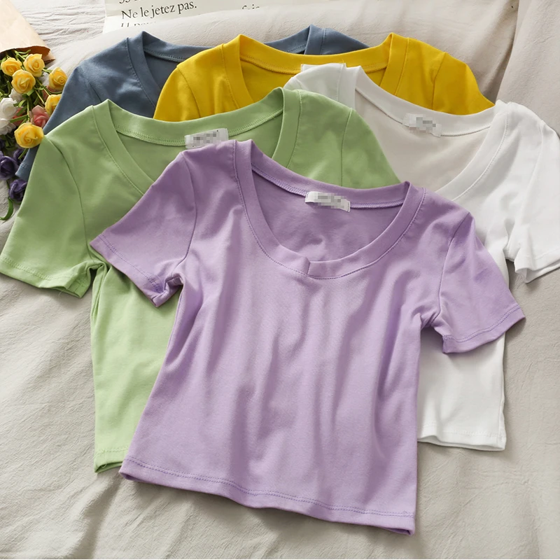 

Korean Style Pure Color All-Matching Slim Fit Slimming V-Neckline T-shirt Women 2021 New Fashion Candy Color Short Sleeve