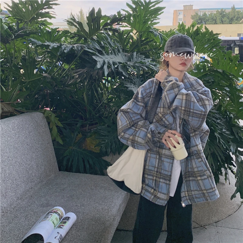 

Lucyever Harajuku Blue Plaid Woolen Jacket Womens 2021 Spring New Casual Loose Coat Woman Fashion Mix Color Oversize Jackets