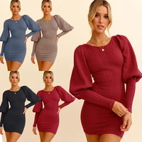 winter bag hip solid bottoming mini dress puff sleeve round neck christmas party slimming warm knitted sweater dress streetwear