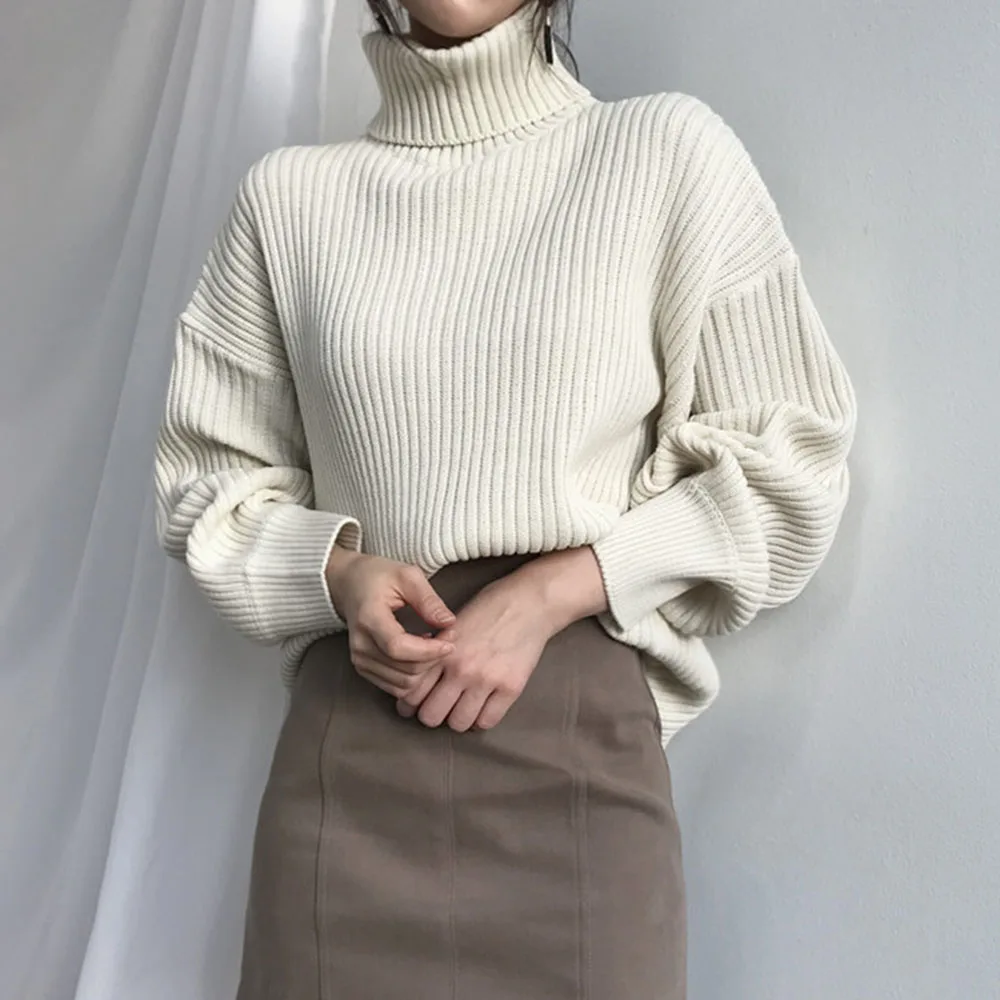 Женский свитер с высоким воротником однотонный Свободный пуловер оверсайз