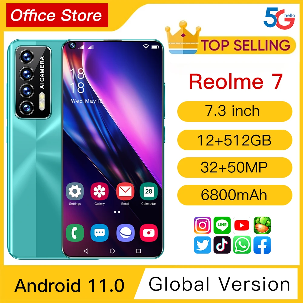 

Reolme7 Smartphone Android Qualcomm 888 10 cores 7.3-inch HD+ High-Definition Full-Fit Perforated Screen Unlocked Cell Phones