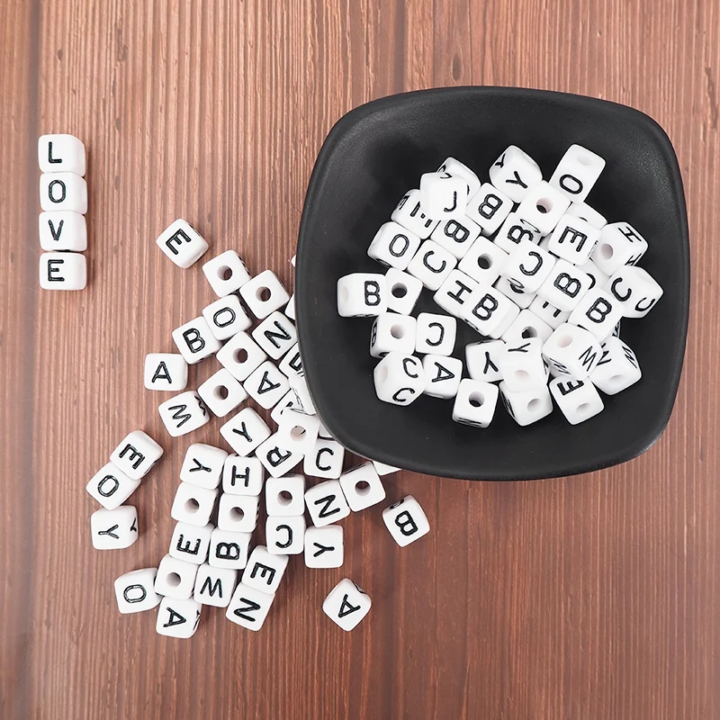 Chenkai 1000pcs 10*10mm white Plastic Acrylic Alphabet Cube Letter Beads square beads 3mm hole Individual Singel Letter