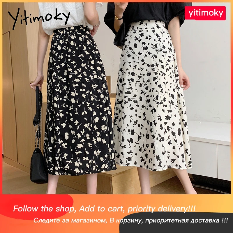 

Yitimoky Woman Skirts Floral Black White Clothing Summer A-Line Skirts Sweet Girls 2021 Korean Fashion High Waisted Comfortable