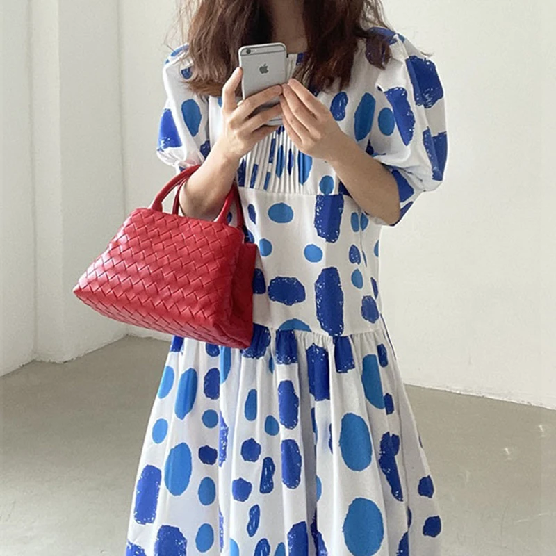 

VANOVICH Korean Style Women Dress New 2021 Summer Cotton Casual Ladies Dress Print Round Collared Short Sleeve Women Clothing