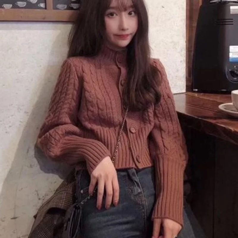 

Винтажный вязаный свитер, винтажный осенний Топ, женская укороченная водолазка, корейский Повседневный свитер, простой однобортный свитер