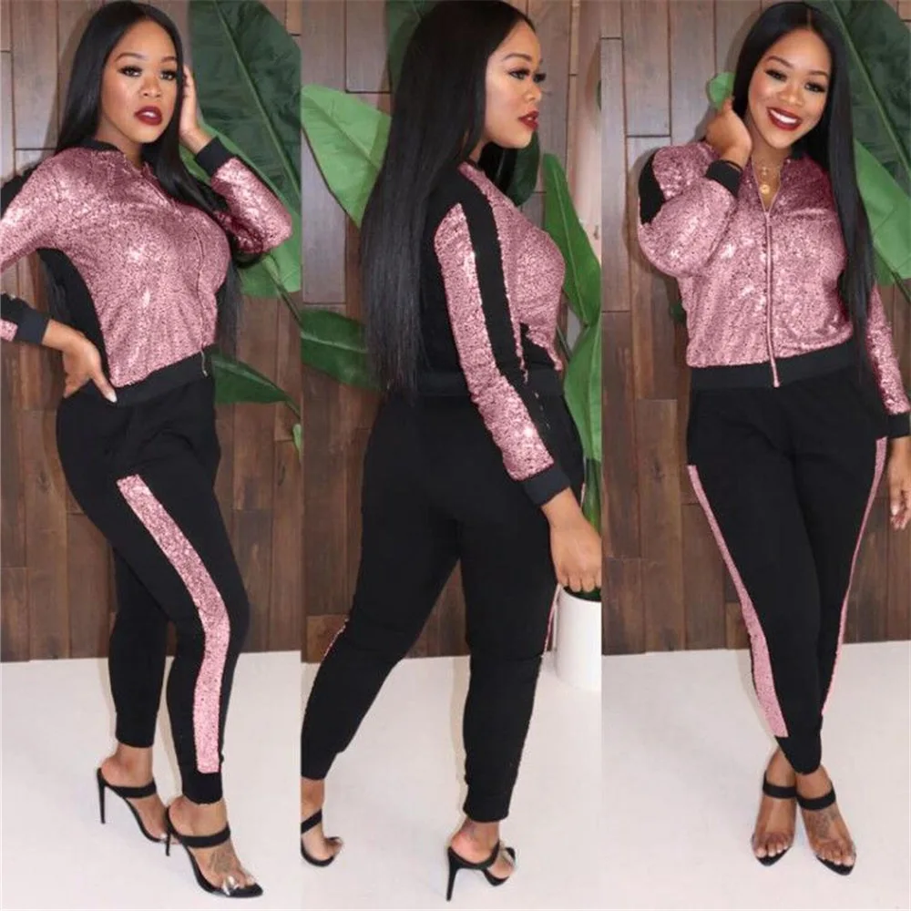 

FNOCE Autumn and Winter New women's sets Fashion Sexy Sequins Casual long sleeve zipper coat tight trousers Two-Piece Suits