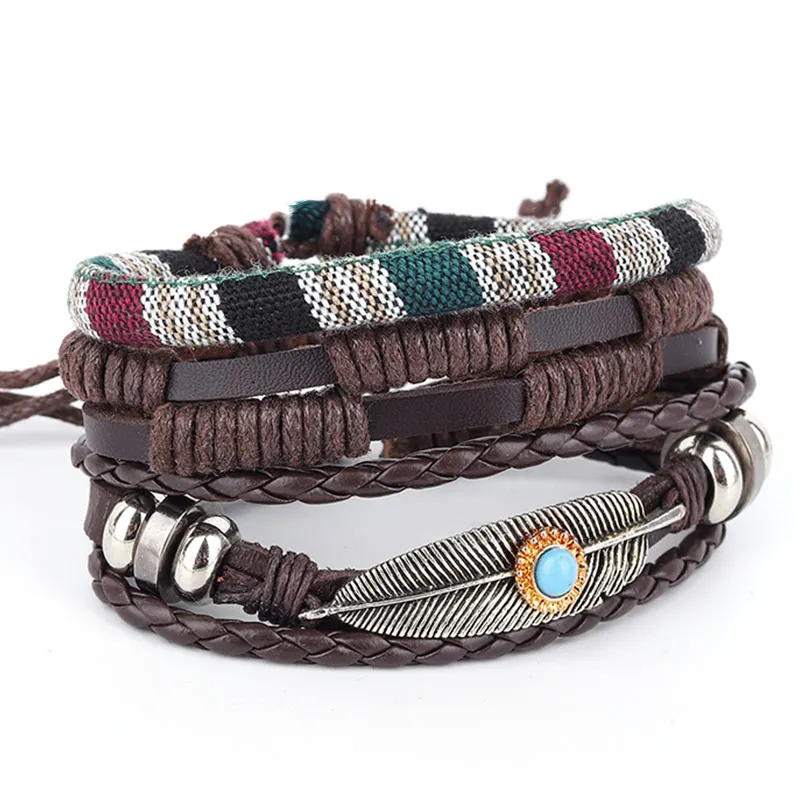 Многослойные плетеные кожаные браслеты для мужчин винтажные с листьями перьями