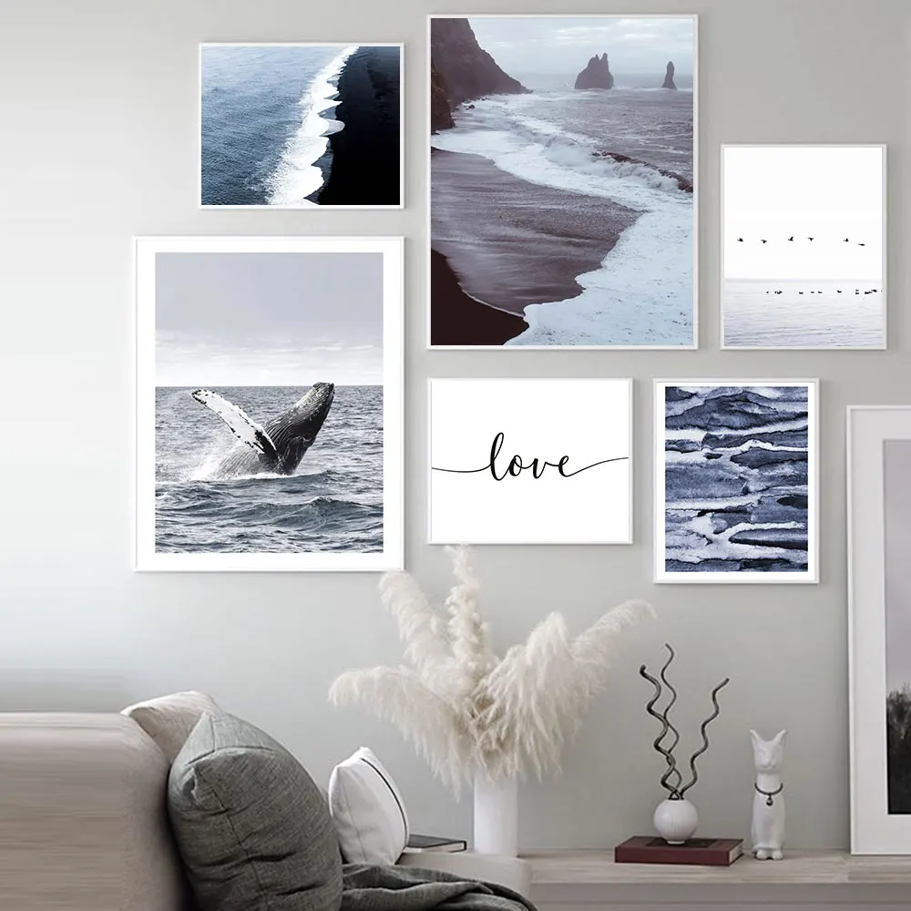 

Whale Show Posters and Prints Landscape Nordic Ocean Wall Art Beach Waves Canvas Painting Modern Pictures for Living Room Decor