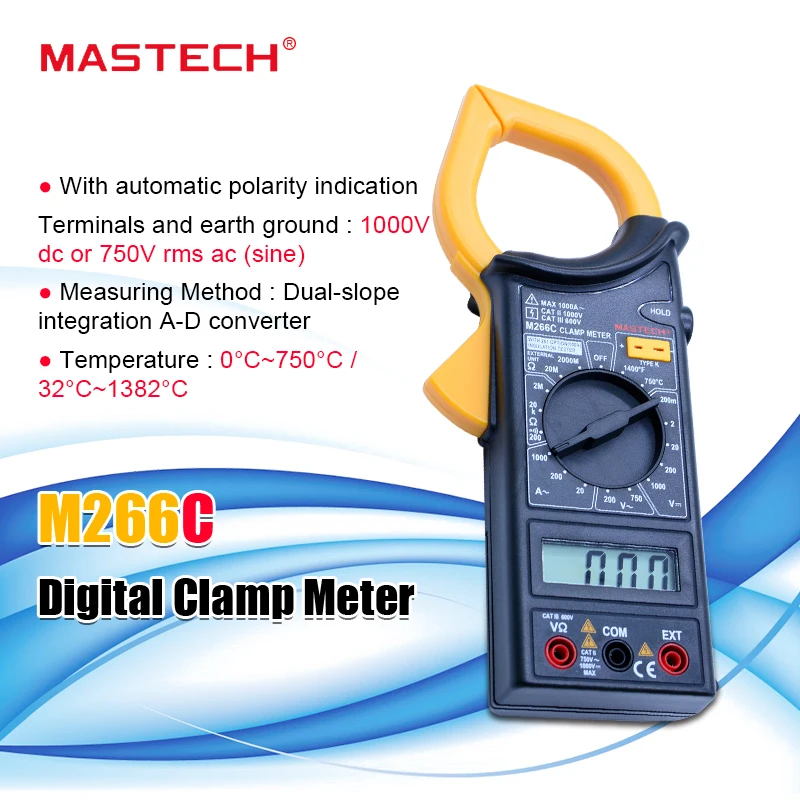 

Токоизмерительные клещи MASTECH M266C, вольтметр, Омметр, напряжение переменного тока, сопротивление, температурный тестер, детектор с диодным му...
