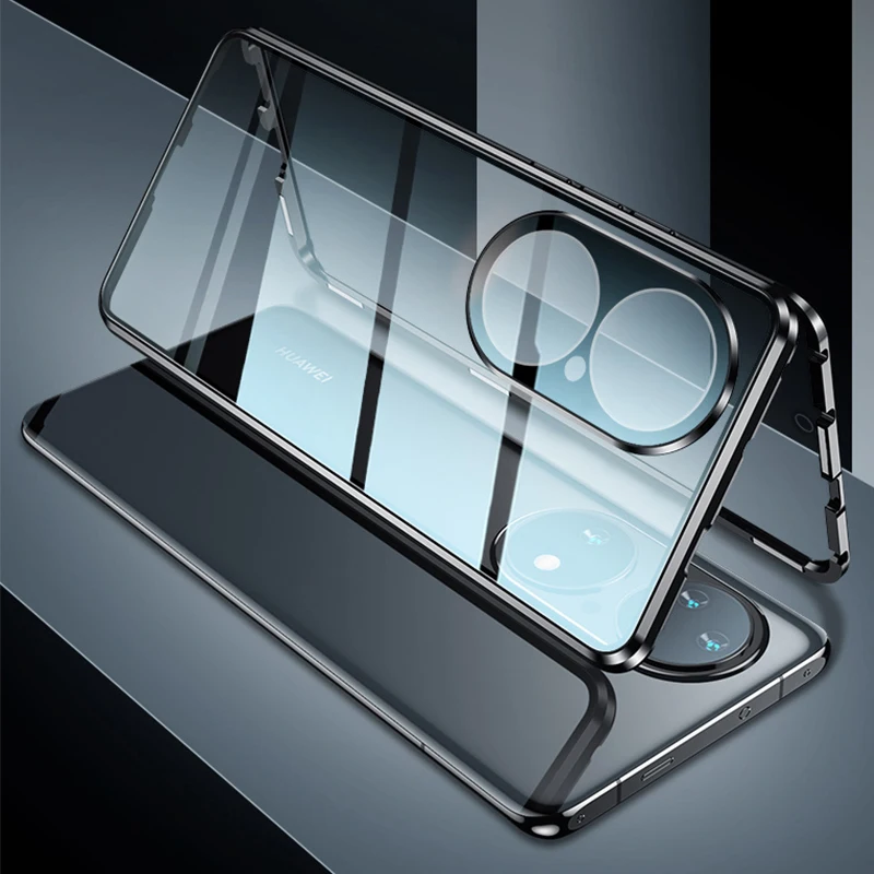 Coque P50 Pro Case 360 Full Magnetic Case For Huawei P50 Aluminum Metal Bumper Tempered Glass Film Camera Lens Protector Cover
