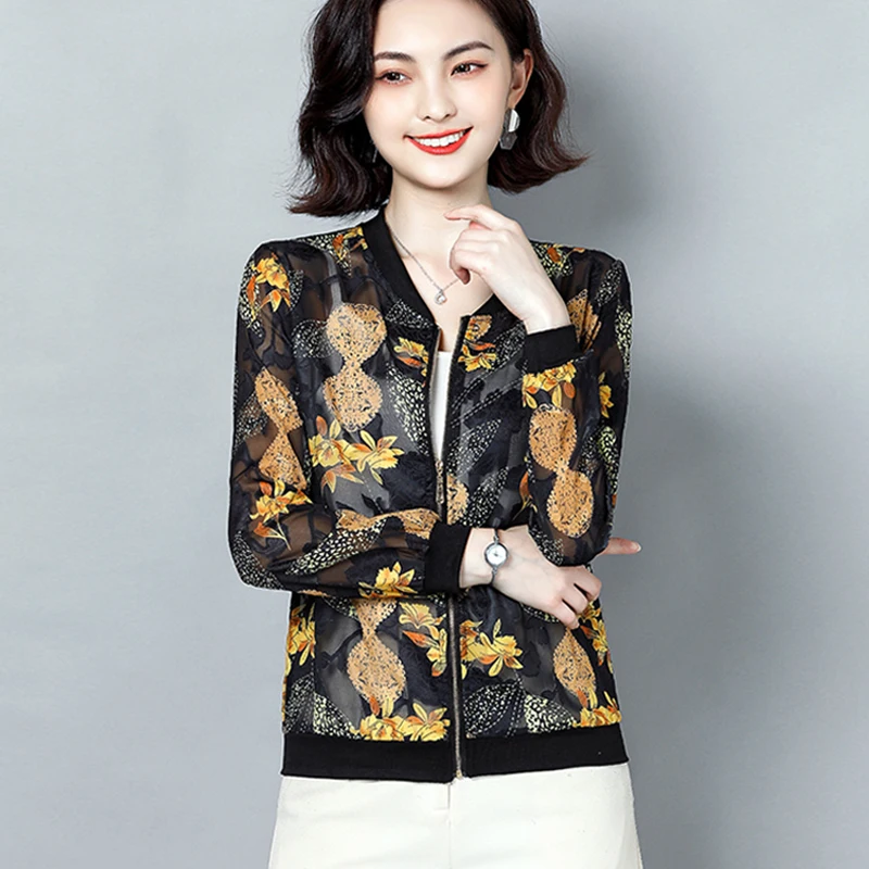 Куртка-бомбер женская кружевная с принтом модная базовая тонкая офисные жакеты